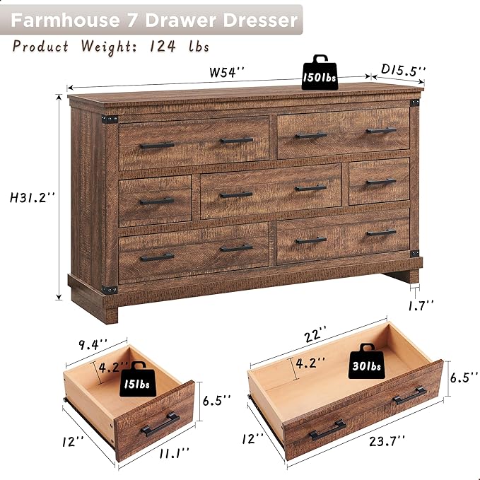 RedLemon Farmhouse 7 Drawer Dresser for Bedroom - Wood Large Dressers & Chests of Drawers for Closet with Storage for Bedroom, Living Room, Reclaimed Barnwood Color