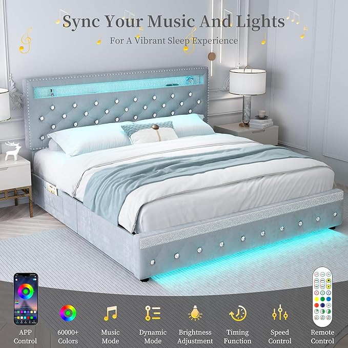 Full Led Bed Frame with 2 Drawers, Platform Bed Frame Full Size with Storage and Adjustable Upholstered Button Tufted Headboard, Noise-Free, Solid & Stable, No Box Spring Needed, Velvet Grey