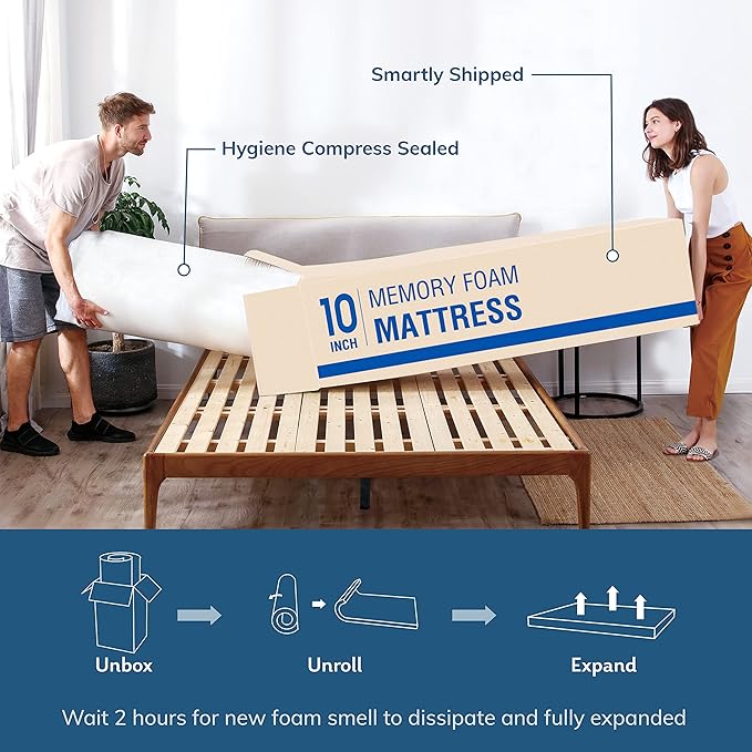 EGO White 10 Inch Queen Green Tea Memory Foam Mattress, Gel Mattress Bed in a Box, CertiPUR-US Certified, Double Mattress, 60"x80", Medium Firm