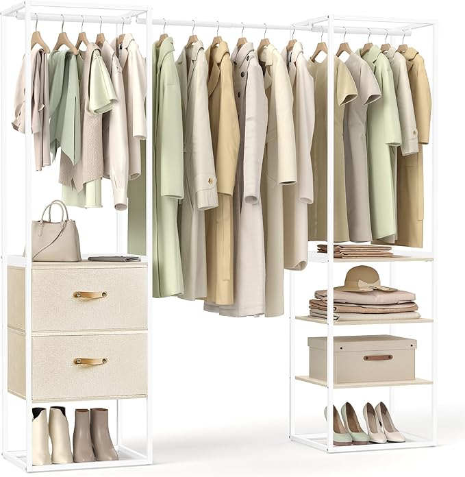 SONGMICS Clothes Rack, 70.9 Inch Wardrobe Freestanding Closet, Heavy Duty Garment Rack with 1 Extendable Hanging Rod, 2 Drawers and 4 Shelves, for Bedroom, Space-Saving, Natural Beige URGR003W67