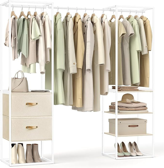 SONGMICS Clothes Rack, 70.9 Inch Wardrobe Freestanding Closet, Heavy Duty Garment Rack with 1 Extendable Hanging Rod, 2 Drawers and 4 Shelves, for Bedroom, Space-Saving, Natural Beige URGR003W67