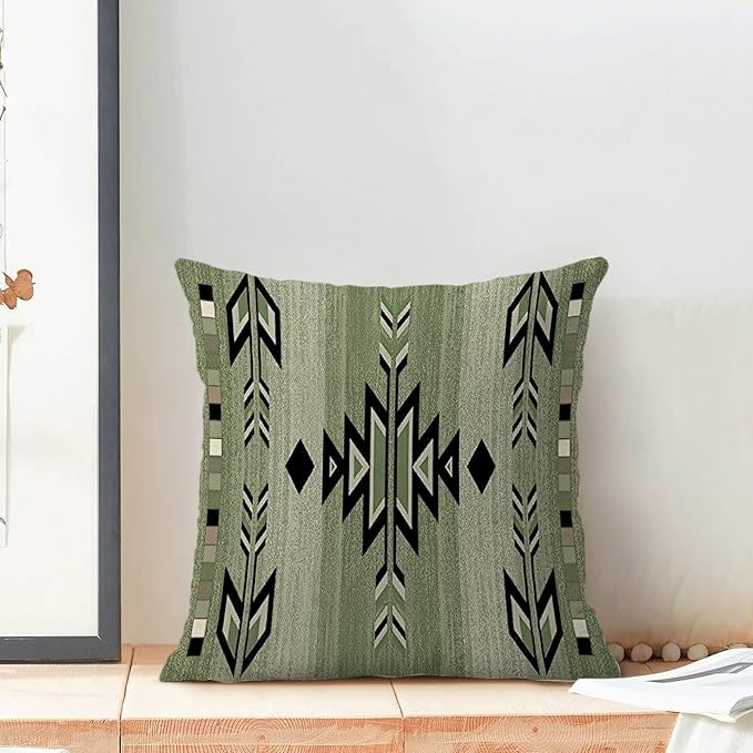 Boho Sage Green Carpet Throw Pillow Covers 18x18 Set of 2, Rustic Tribal Decorative Throw Pillow Covers Antique Sage Green Linen Outdoor Cushion Cover for Sofa Couch Farmhouse Decor