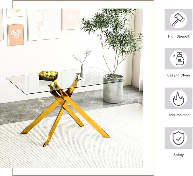 Goujxcy Glass Dining Table Set for 4, Modern Kitchen Table and Chairs Set of 4, 5-Piece Kitchen Dining Room Table Set w/51 Glass Gold Dining Table and 4 Beige Velvet Upholstered Chairs
