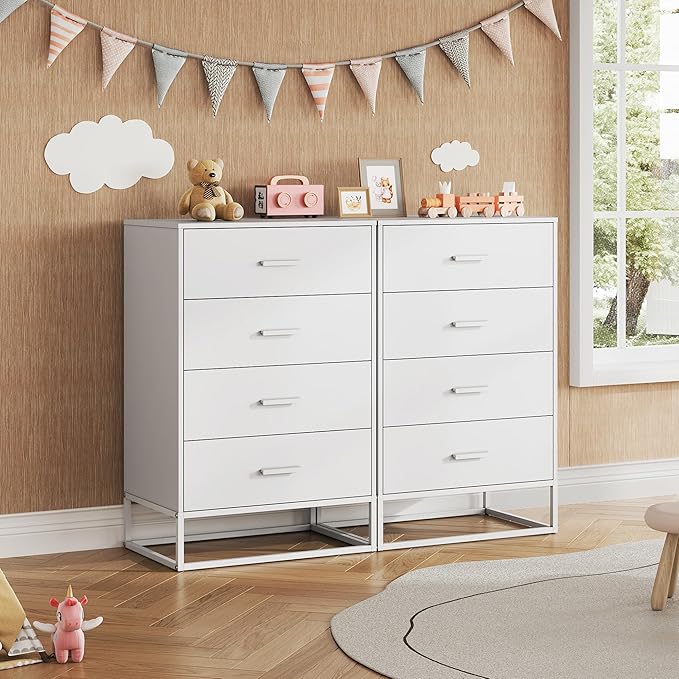 WLIVE White Wood Dresser for Bedroom with 4 Drawers, Tall Chest of Drawers with Sturdy Metal Frame for Living Room, Hallway, Closet