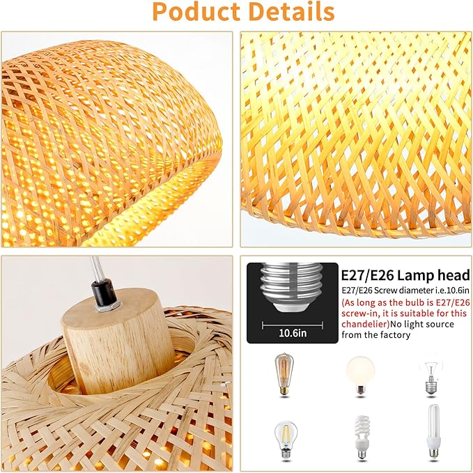 18inch Bamboo Rattan Pendant Light, Hand-Woven Wicker Boho Hanging Ceiling Light Fixture, Beige Pendant Lamp Rustic Farmhouse Chandelier for Kitchen Island, Dining Room, Bedroom, Living Room