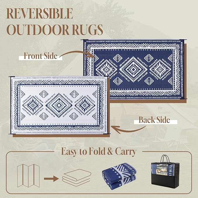 OMERAI Reversible Waterproof Outdoor Rug for Backyard,Plastic Textured Resistant Outdoors Rugs,Portable Washable Easy Cleaning Foldable Camping Beach Carpet for Patio Courtyard, 8'x10' Blue & White