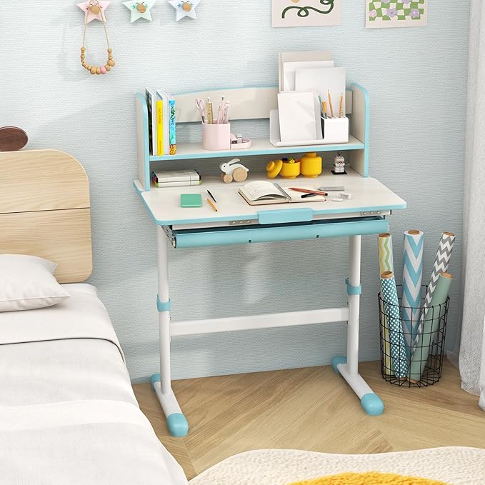 Costzon Kids Desk, Height Adjustable Children Study Desk with Tilt Desktop, Storage Drawer, Hutch, Scale Ruler, Student Writing Table School Desk for Boys Girls Bedroom, Desk for Kids (Blue)