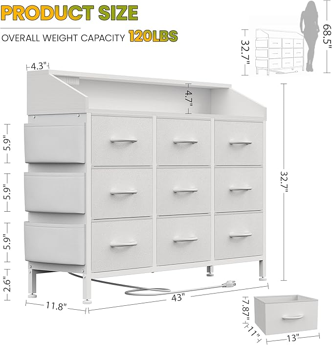 Lulive White Dresser TV Stand with LED Light and Power Outlets, 2-Tier Shelf Fabric Chests of Drawers for Bedroom, Entryway, Closet (White)