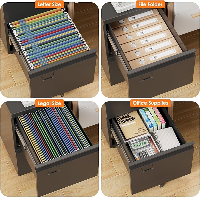 2 Drawer Mobile File Cabinet with Lock,Under Desk Metal Filing Cabinets for Home Office Fits Letters/Legal/A4 Size Folder, Assembly Required, Black