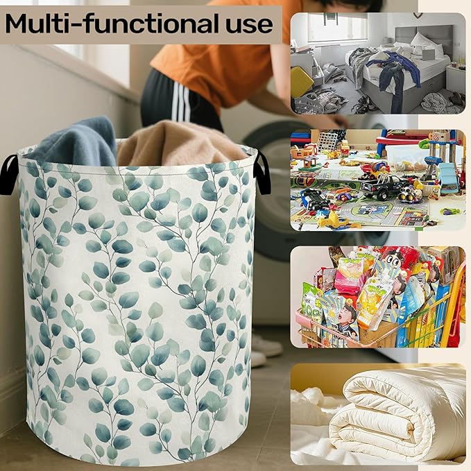 Sage Green Plant Large Clothes Hamper Bag - Laundry Basket with Handles, Space Saving Foldable Design for Nursery
