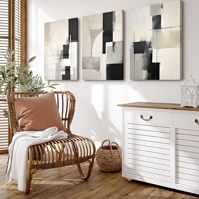 3Pcs Framed Neutral Abstract Canvas Wall Art Floral Pictures Modern Minimalist Posters Prints Beige Black Flower Wall Decoration for Living Room Bedroom Bathroom Office 12x16in