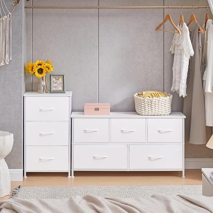 Somdot Small Dresser for Bedroom with 3 Drawers, Nightstand Storage Chest of Drawers with Removable Fabric Bins for Closet Bedside Living Room Laundry Entryway Hallway, White Leather