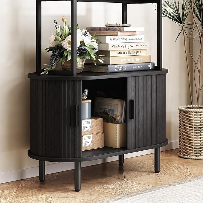 71" Tall Bookshelf, 4-Tier Book Shelf with Storage Cabinet, Modern Bookcase with Sliding Door and Adjustable Footpad, Freestanding Storage Organizer Bookshelf for Living Room, Bedroom, Black