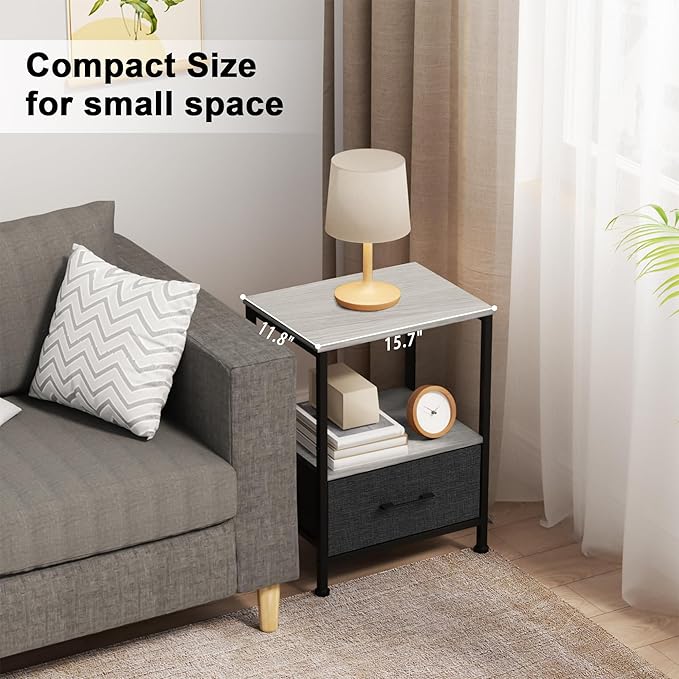Side Table with Fabric Drawers,2-Tier Nightstand,End Table with Open Shelf for Bedroom, Living Room, Kitchen, Entryway, Grey Wash