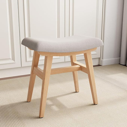 Solid Wood Small Vanity Stool, Compact Makeup Chair with Saddle Cushion, Linen-Covered High Rebound Sponge Seat, Easy Assembly Footstool, Modern Ottoman for Bedroom, Entryway, Home, Natural