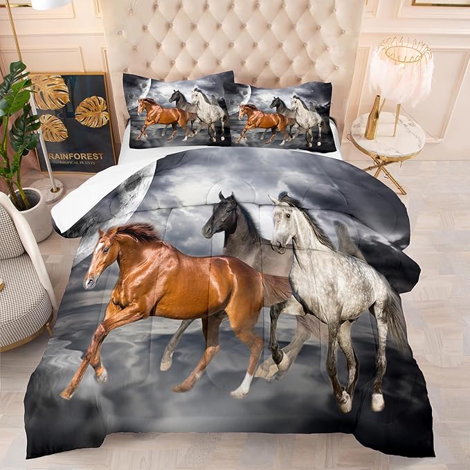 Tailor Shop Horse Comforter Queen Size,Galloping Horse Bedding Set for Kids Teens Girls Boys with 2 Pillowcase…