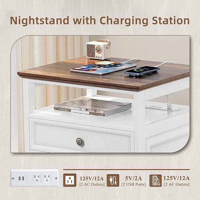 Farmhouse Nightstand with Charging Station, 24" Wide End Table with 2 Drawers,White Wood Dresser for Bedroom, Bed Side Table Chest of Drawers Cabinet,Night Stand for Living Room, Closet