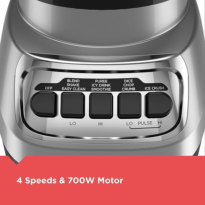 BLACK+DECKER PowerCrush Countertop Blender, 6-Cup Glass Jar, For Smoothies and More, Stainless Steel Blade, 4 Speed Settings to Puree, Crush Ice, Chop, Dice, and Pulse, Dishwasher Safe, 700W Motor