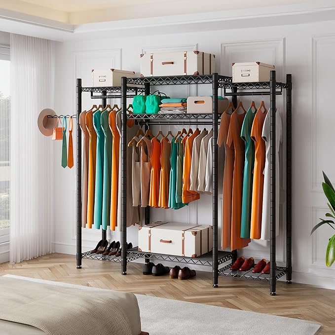 PUNION Heavy Duty L Shaped Clothes Rack with 7 Shelves, Sturdy Metal Wardrobe Closet Rack for Hanging Clothes, 56" L x 14" W x 71" H, Max Load 520lbs, Black