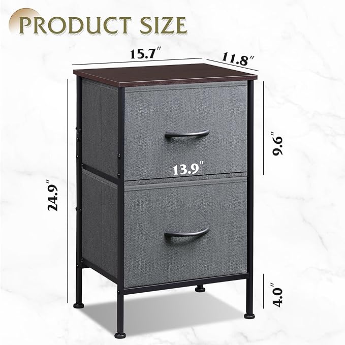 WLIVE Nightstand, Nightstand with 2 Drawers, Bedside Furniture, Night Stand, Small Dresser for Bedroom, College Dorm, End Table with Fabric Bins, Dormitory, Dark Grey, Size L
