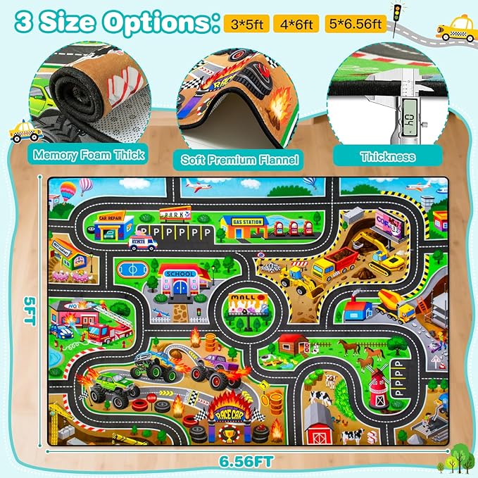 Kids Rug, 5' x 7' FT Non-Slip Monster Truck Play Rug, Extra Thick (0.4in), Educational LearningTraffic Road Car Carpet for Nursery, Classroom, Playroom & Bedroom