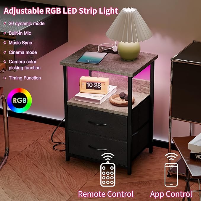 Fixwal Night Stand with Charging Station, LED Nightstand with U-S-B Ports and Outlets, 2 Fabric Storage Drawers with PU Finish, Bed Side Table, Greige