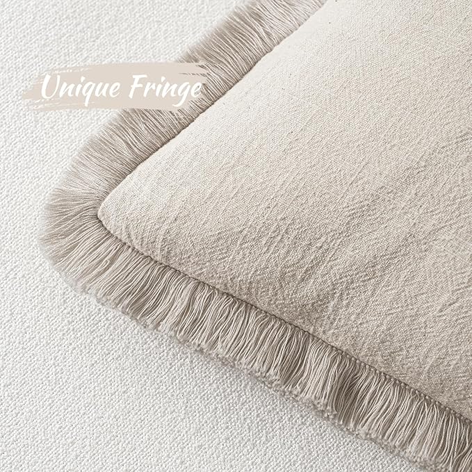 MIULEE Decorative Throw Pillow Covers Neutral Linen Fringe Throw Pillows Euro Shams Set of 2 Natural Beige Boho Farmhouse Cushion Covers for Couch Sofa Bed Living Room Spring Home Decor 24x24 Inch