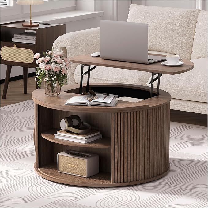 Round Coffee Table with Lifting Top,31.5”Mid Century Modern Lift Top Coffee Table with Hidden Compartment,Fluted Small Center Table for Living Room,Walnut