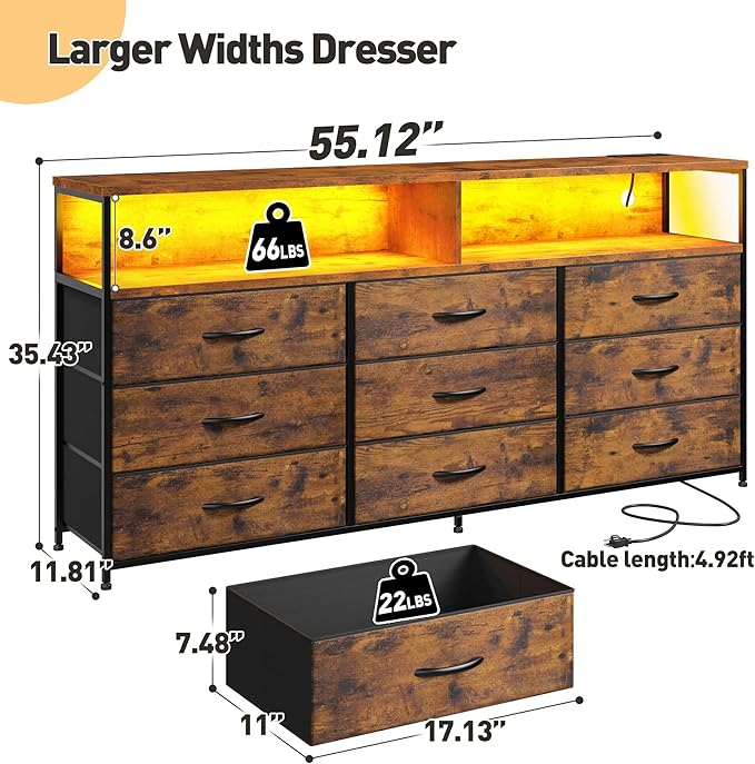 EnHomee 55” W Dresser for Bedroom with Charging Station & LED, 65" TV Stand for Bedroom with 9 Fabric Drawer & Open Storage Shelves for Closet, Rustic Brown, 11.81" D x 55.12" W x 35.43" H