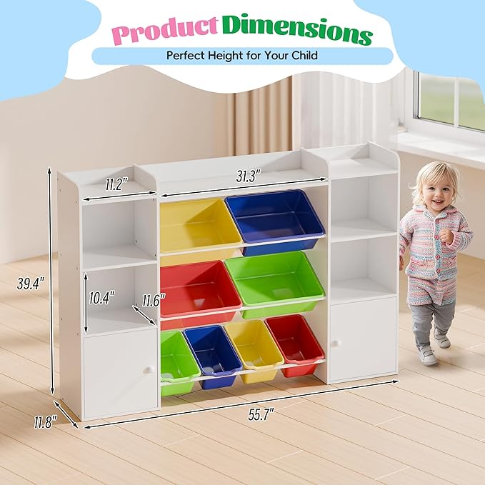 Large Kids Toy Storage Organizer with 4 Shelves and 8 Bins, Contemporary Style, Nursery Toy Organizers