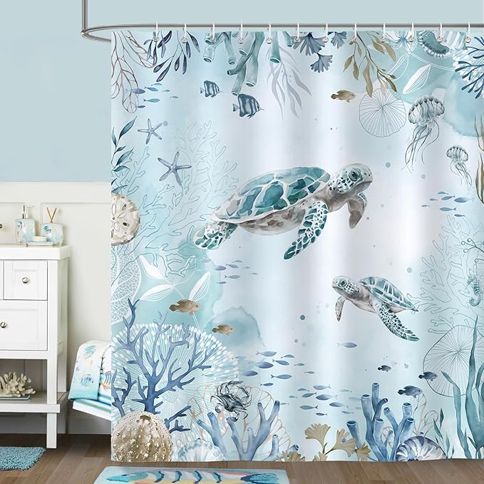Bonhause Sea Turtle Shower Curtain for Bathroom Teal Blue Ocean Beach Coastal Decorative Bath Curtain 72 x 78 Inch Polyester Fabric Waterproof Bathroom Curtain with 12 Hooks