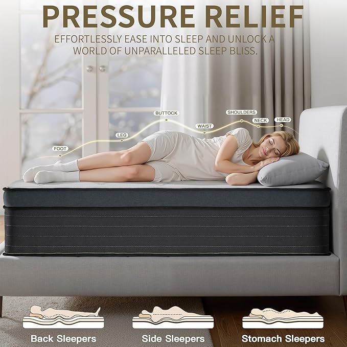 Queen Mattress,14 Inch Gel Memory Foam Hybrid Queen Size Mattresses in a Box, Medium Firm Feel Individual Pocket Springs Matress, Breathable Fabric, Strong Edge Support, Fiberglass Free