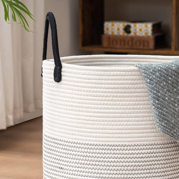 Woven Rope Laundry Hamper Basket, 72L Tall Laundry Basket, Baby Nursery Hamper for Blanket Storage in Bedroom-Large-Dark White