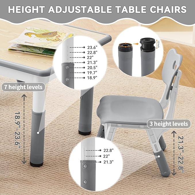 Kids Study Table and Chairs Set, Height Adjustable Toddler Table and Chair Set for Kids Ages 3-8, 31.5" L x 23.6" W Graffiti Desktop Plastic Children Art Table with 4 Seats, Grey