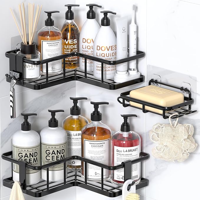 YASONIC Corner Shower Caddy Organizer, 3-Pack Adhesive Rustproof Stainless Steel Shower Shelves with Soap Holder, No Drilling Shower Storage Rack for Family Renters Bathroom, Black