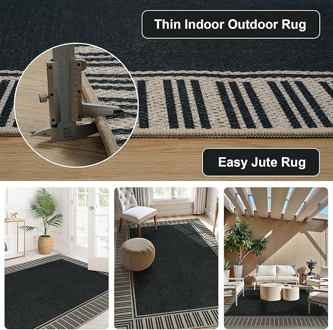 OJIA Easy Jute Outdoor Rug 8x10, Large Patio Rug Washable Area Rugs for Living Room Farmhouse Indoor Outdoor Carpet Striped Border Modern Non-Slip Black Rug for Bedroom Backyard Office Decor
