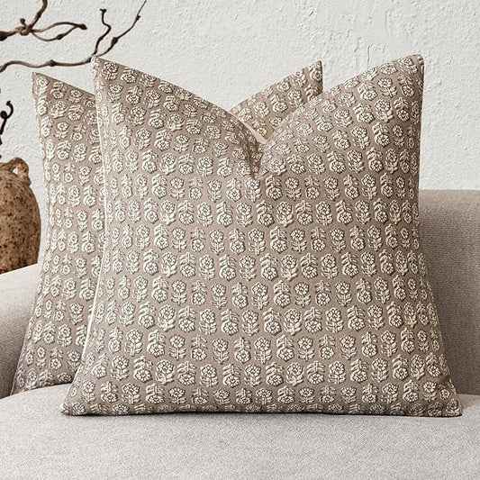 Foindtower Set of 2 Decorative Neutral Floral Print Throw Pillow Covers Vintage Accent Farmhouse Cushion Covers Boho Home Decor for Sofa Couch Chair Bedroom Living Room Outdoor,20×20 Inch,Tan Taupe