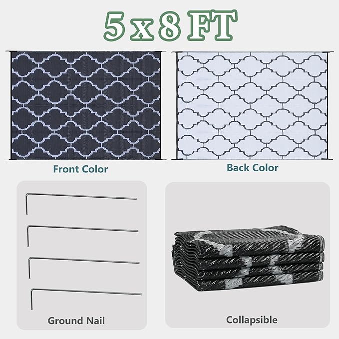 Ogrmar 5x8 FT Reversible Mats, Outdoor Rug for Patio Clearance, Waterproof Carpet, Plastic Straw Rug for Indoor Outdoor, Floor Mat&Rug for RV Porch Camping Backyard Deck Balcony Beach Trailer (Black)