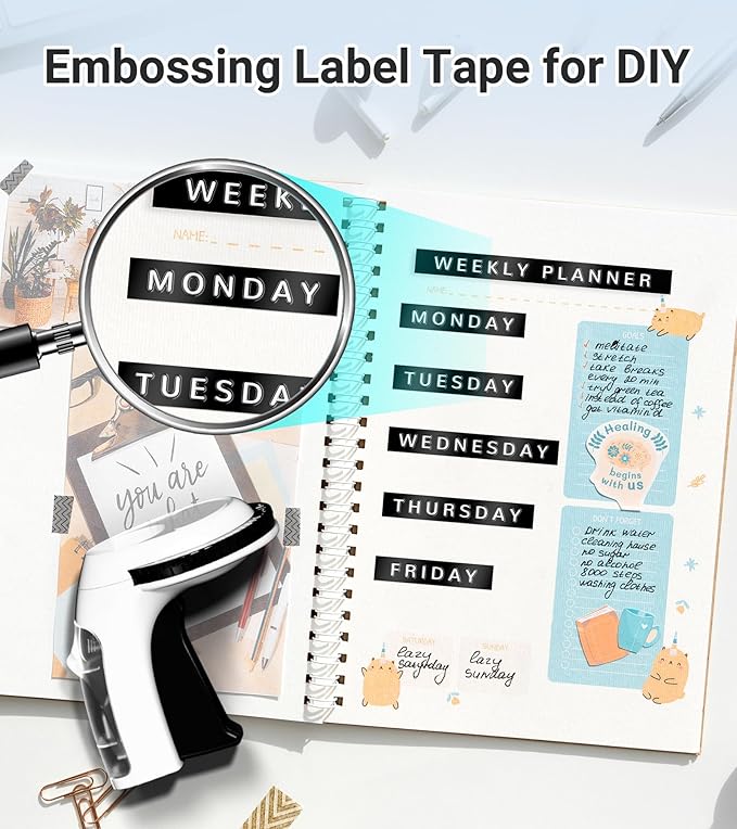 Embossing Label Maker Machine with 10 Tapes Black, Vintage Manual Labeler, 3D Embossed Label Maker Waterproof-Labels for Scrapbooking, Home Office & Kids School Items