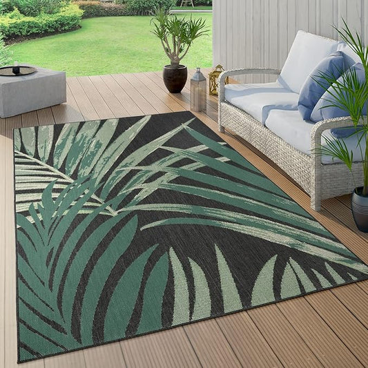 Tropical Outdoor Rug Palm Tree & Jungle Design Flatweave in Black Green, Size: 4'7" x 6'7"