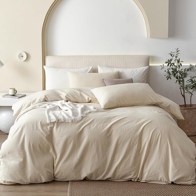 JIYUAN 100% Washed Cotton Duvet Cover Set 3 Pieces King, 1 Duvet Cover 104x90 Inches(Comforter Not Included) and 2 Pillowcases,Linen Feel Bedding Set Comfy and Breathable,Heathered Beige