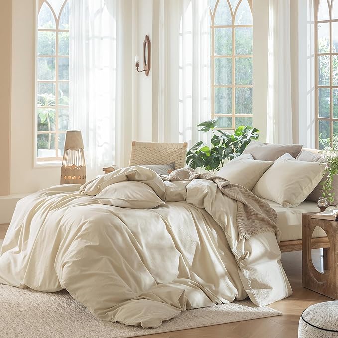 MooMee Bedding Duvet Cover Set 100% Washed Cotton Linen Like Textured Breathable Durable Soft Comfy (Heathered Almond Milk Grey, Alaska King 132"x120")
