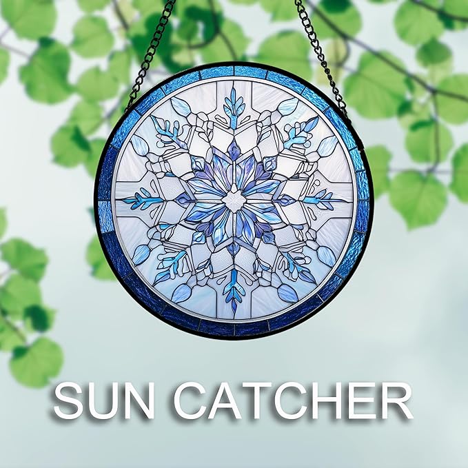 Stained Glass Window Hanging 4 Pcs Set Blue White Christmas Snowman Snowflake 9.8" - Suncatcher Door Garden Sun Catcher Decor Birthday Mother's Day Xmas Gifts for Mom Woman Nana Men