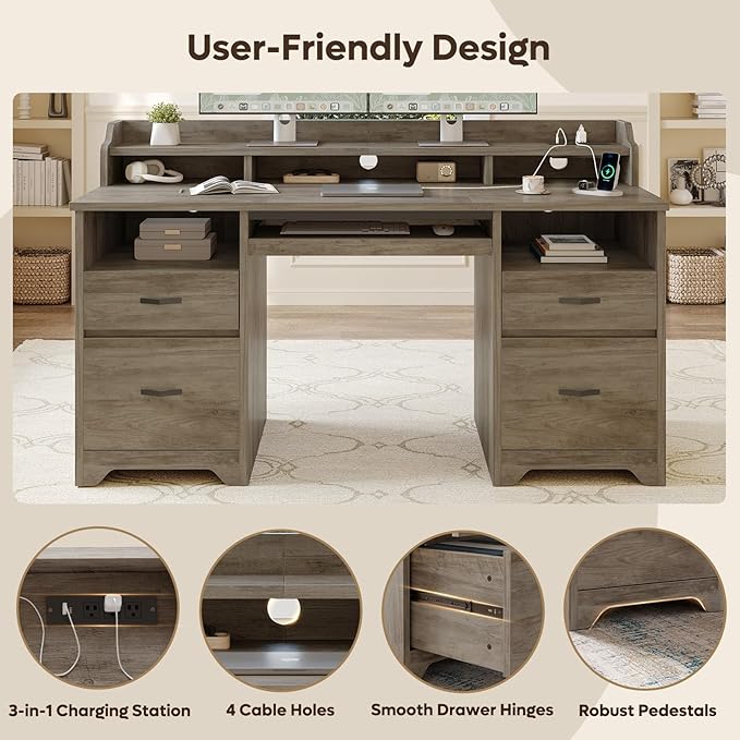 Bestier Farmhouse 59" Executive Desk with Drawers, Wood Computer Desk with Charging Station, Home Office Desk with Keyboard Tray & Monitor Stand, Sturdy Pedestal Desk for Work Study, Grey