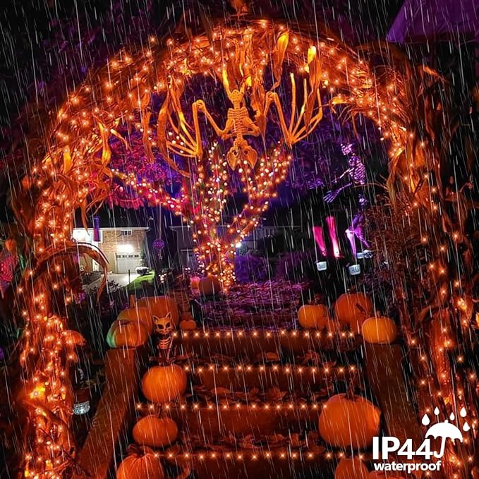 QITONG 165ft 500 LED Orange Lights for Halloween, Halloween Lights Outdoor Waterproof with 8 Modes, Green Wire Christmas String Light Plug in Indoor