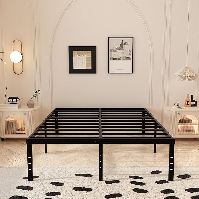 Queen Bed Frame with Fabric Cover 18 Inch, Heavy Duty Metal Bed Frame Queen Size, No Box Spring Needed, Support Up to 3000 lbs, Easy Assembly, Noise Free, Black