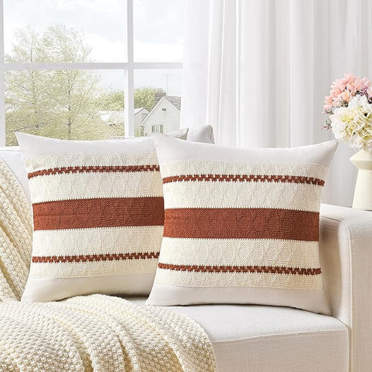 Fancy Homi Set of 2 Rust Boho Decorative Throw Pillow Covers 16x16 Inch for Couch Bed Sofa, Aesthetic Modern Organic Fall Room Decor, Soft Cotton Cute Terracotta Textured Farmhouse Cushion Case
