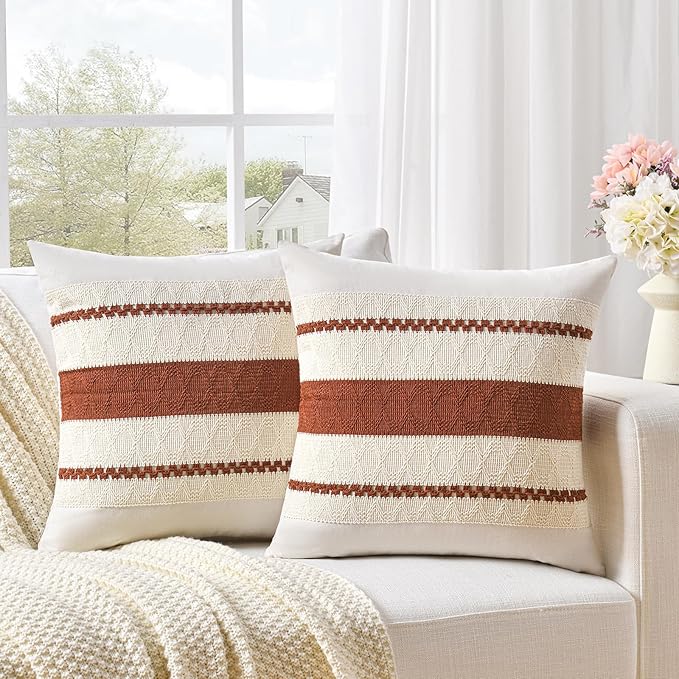 Fancy Homi Set of 2 Rust Boho Big Decorative Throw Pillow Covers 24x24 Inch for Couch Bed Sofa, Aesthetic Modern Organic Fall Room Decor, Soft Cotton Terracotta Textured Farmhouse Cushion Case