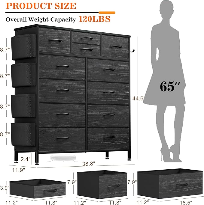 Lulive Black Dresser for Bedroom with 12 Drawers, Tall Dressers Chest of Drawers with Side Pockets and Hooks, Fabric Dresser Storage Tower for Closet, Hallway, Living Room (Black White Stripes)