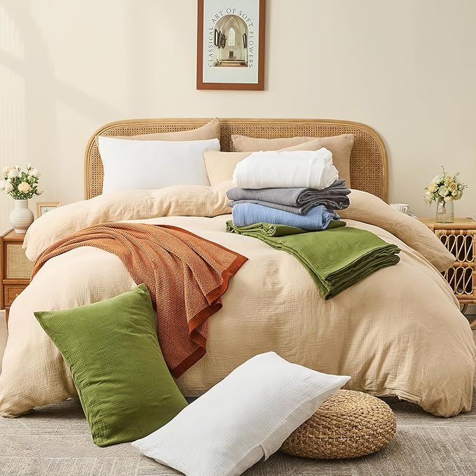MEISHANG Muslin Duvet Cover King Size - 100% Organic Cotton, Soft Textured Gauze Weave Comforter Cover for Breathable All-Season with Zipper Closure - 3 Piece Set (King, Cameo Rose)